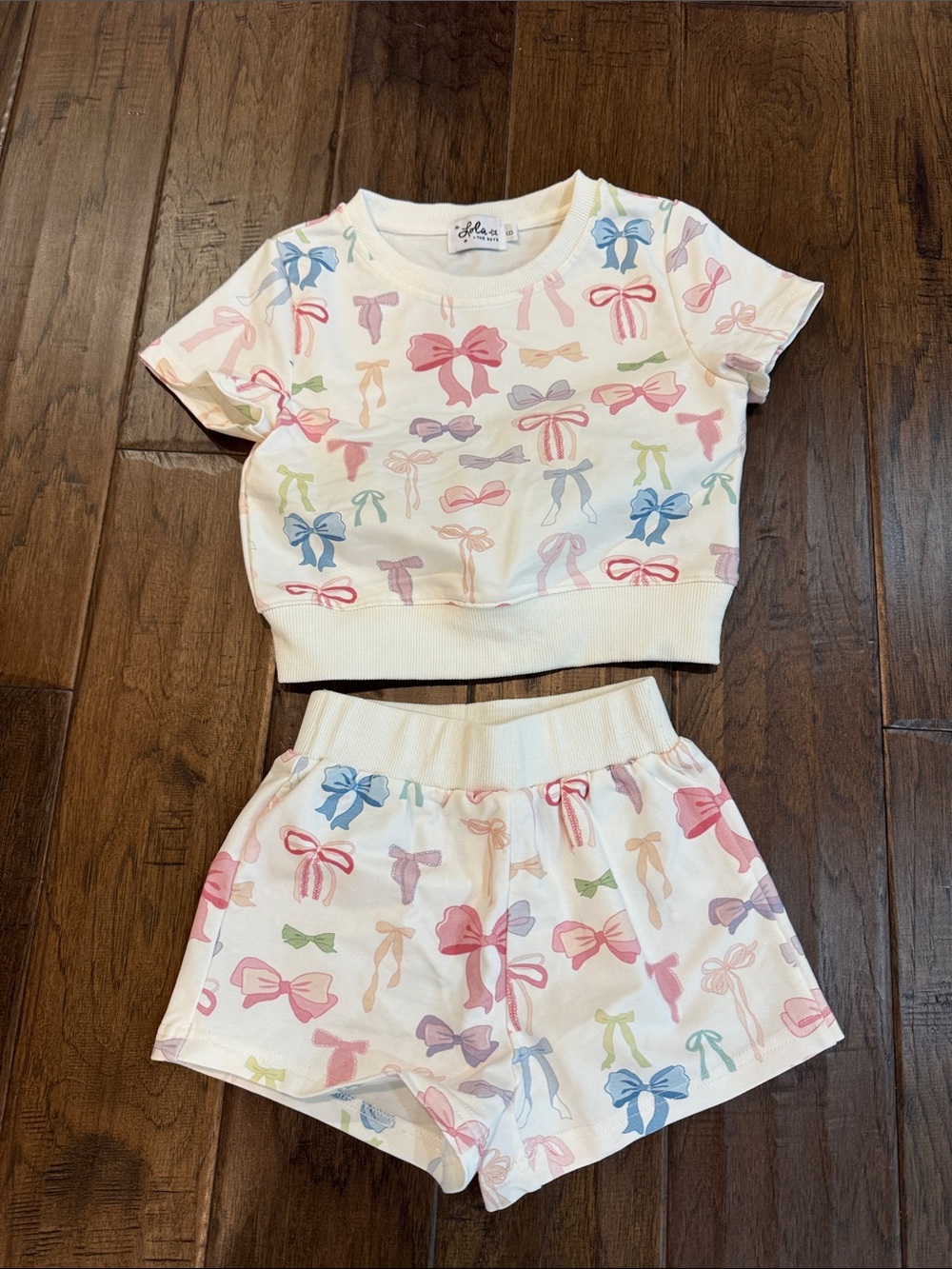 Lola + The Boys White Bow-Print Short Set with Pastel Accents